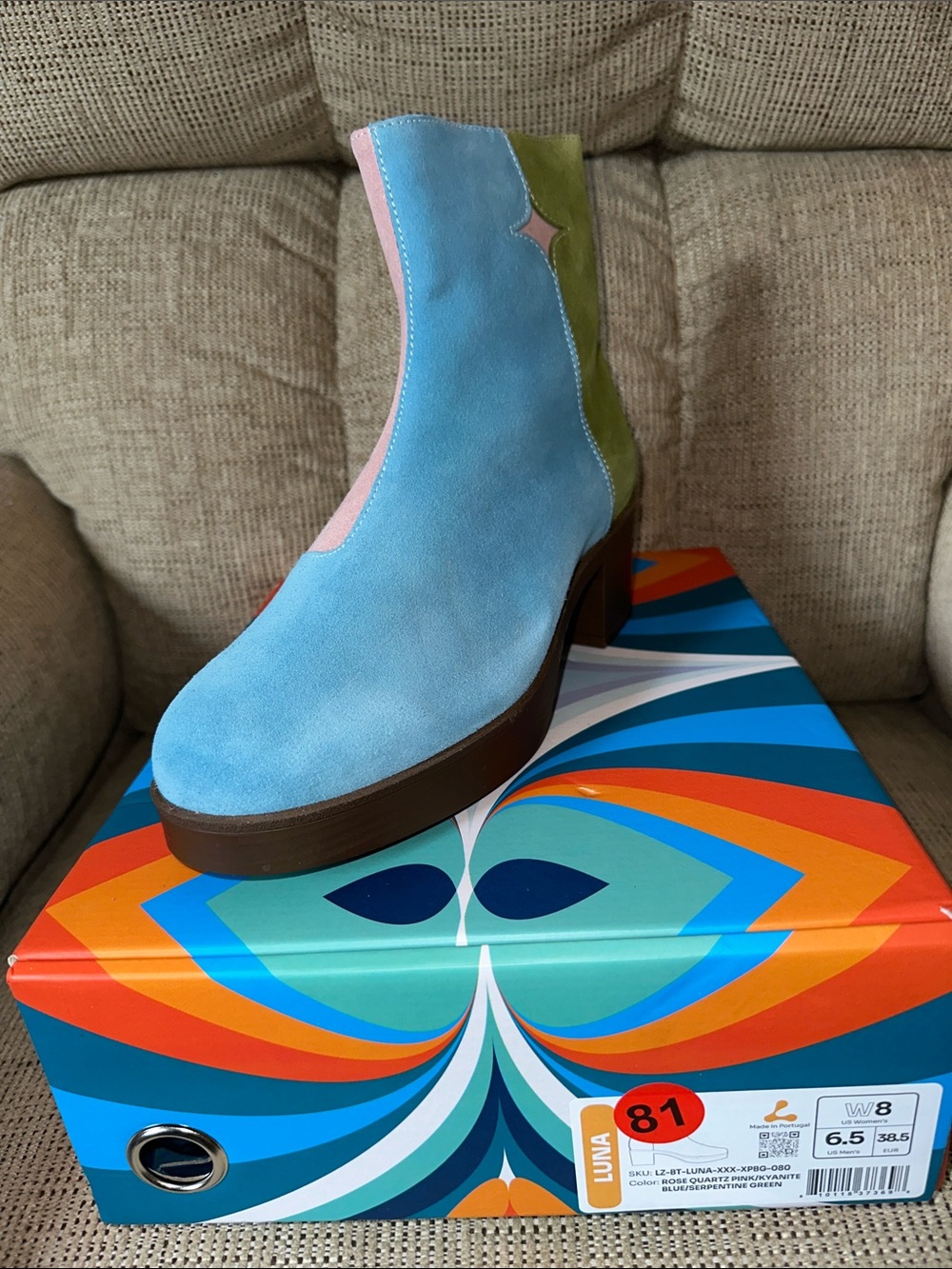 Colorblock Suede Platform Ankle Boot in Sky Blue with Pink & Olive